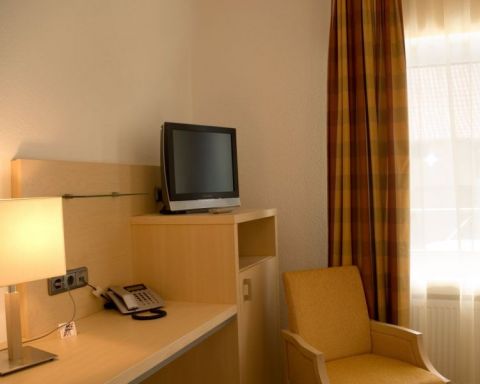 Einzelzimmer im Gaestehaus Birkenhof Alzey Blick auf Fenster Sessel Schreibtisch und TV